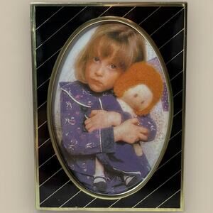 Vtg Art Deco Mini Gold Black Stripe Picture Frame Easel Back Holds 2x3” Moody